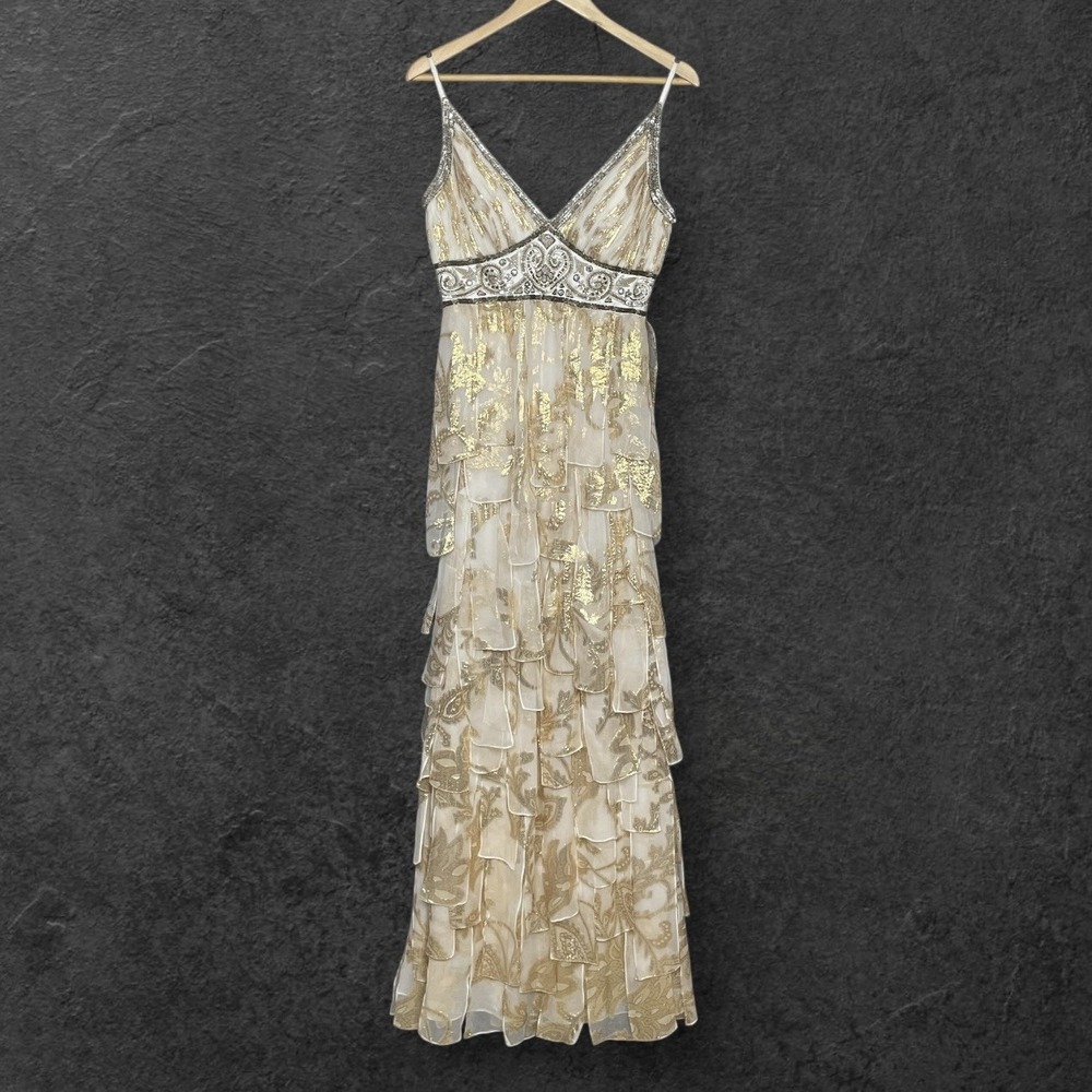 Sue Wong Silk Gold Silver Beaded Maxi Gown Dress 10 Art Deco Ethereal Black Tie